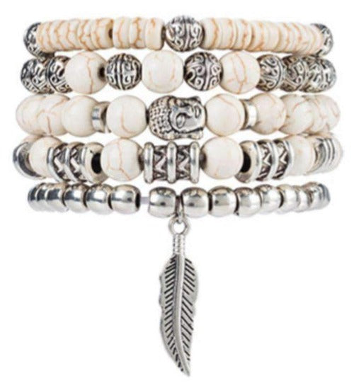 White Beaded 5 Piece Buddha and Feather Bracelet Set White