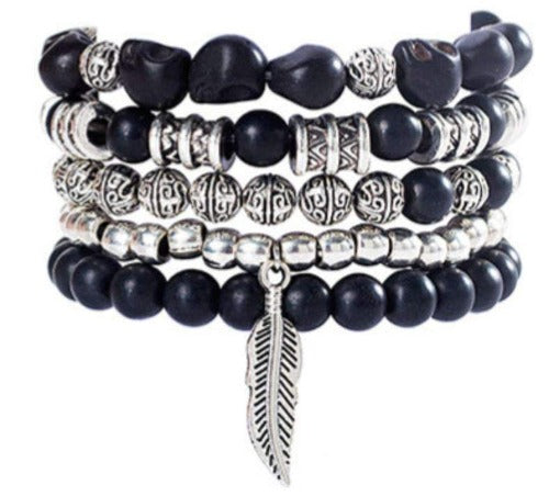 Black Beaded 5 Piece Buddha and Feather Bracelet Set Black