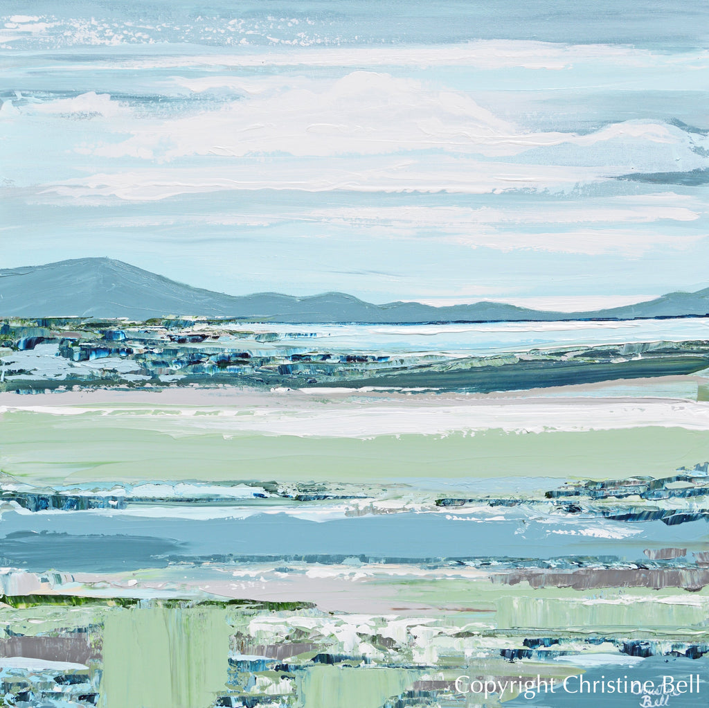 "Your Happy Place" GILCÉE PRINT Art Coastal Abstract Painting Landscape Blue Green Hills Seascape Lake