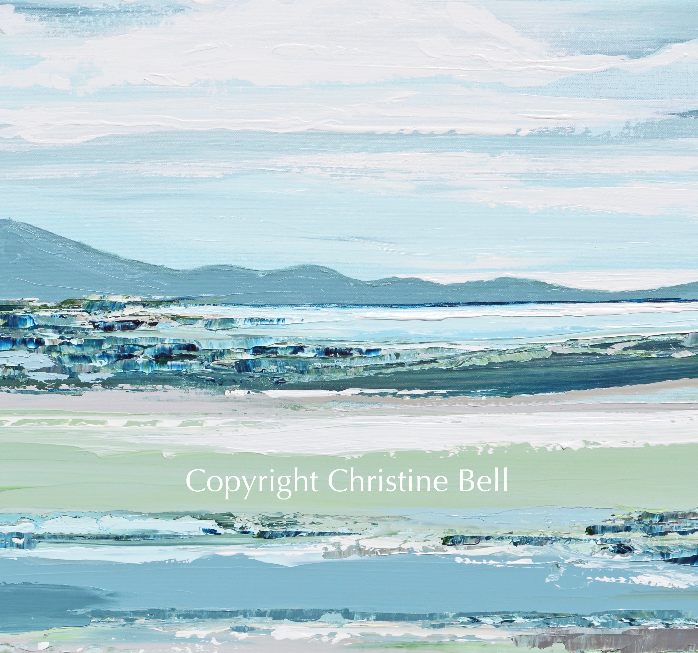 "Your Happy Place" GILCÉE PRINT Art Coastal Abstract Painting Landscape Blue Green Hills Seascape Lake