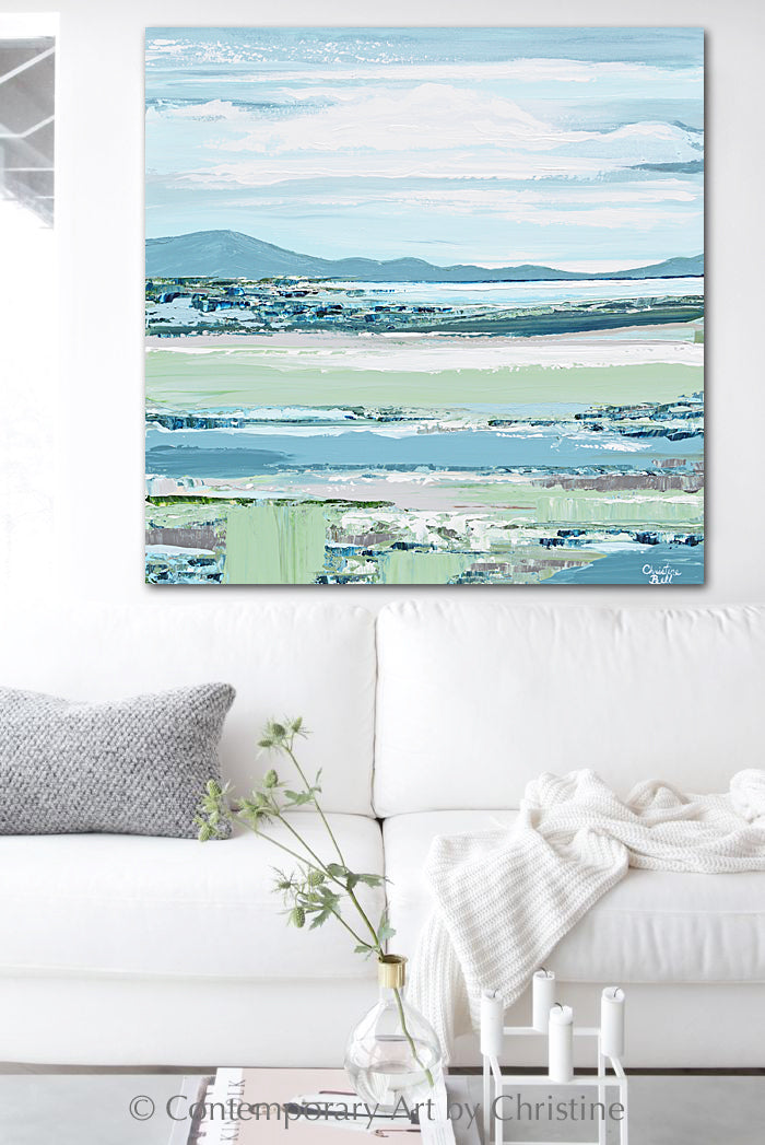 "Your Happy Place" GILCÉE PRINT Art Coastal Abstract Painting Landscape Blue Green Hills Seascape Lake
