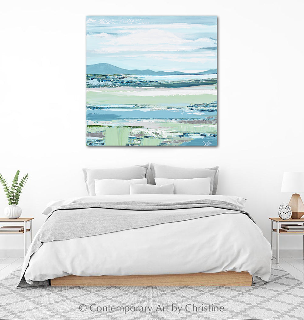 "Your Happy Place" GILCÉE PRINT Art Coastal Abstract Painting Landscape Blue Green Hills Seascape Lake