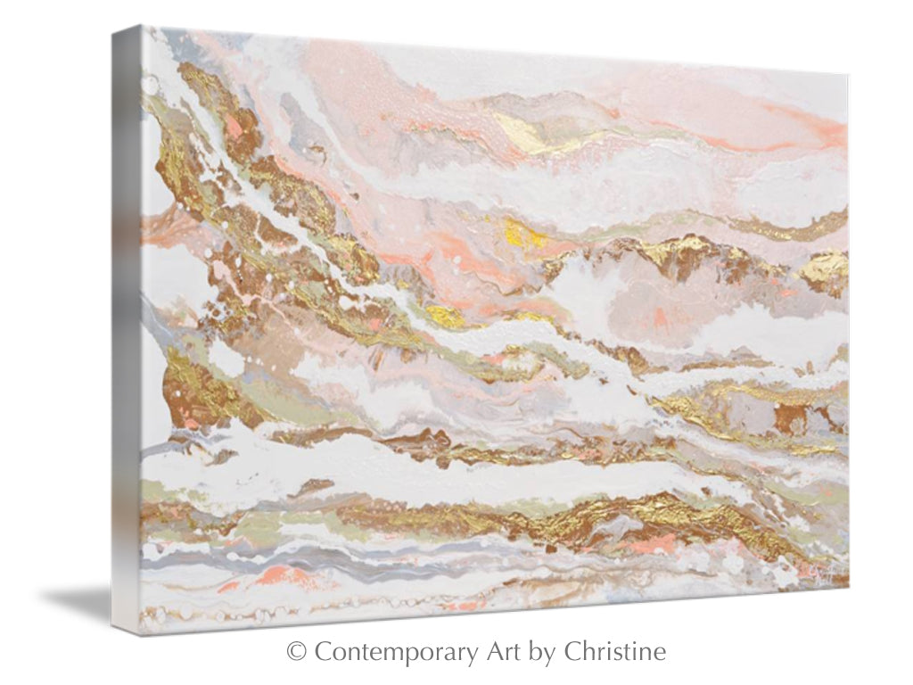 "That Rosy Glow" GICLEE PRINT Art Pink White Gold Beige Coastal Abstract Painting Marbled Coastal Wall Art