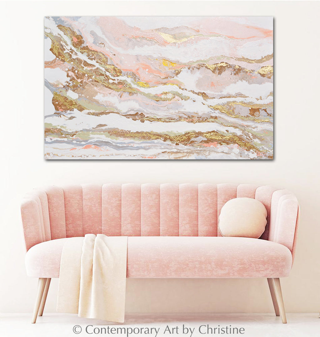 "That Rosy Glow" GICLEE PRINT Art Pink White Gold Beige Coastal Abstract Painting Marbled Coastal Wall Art