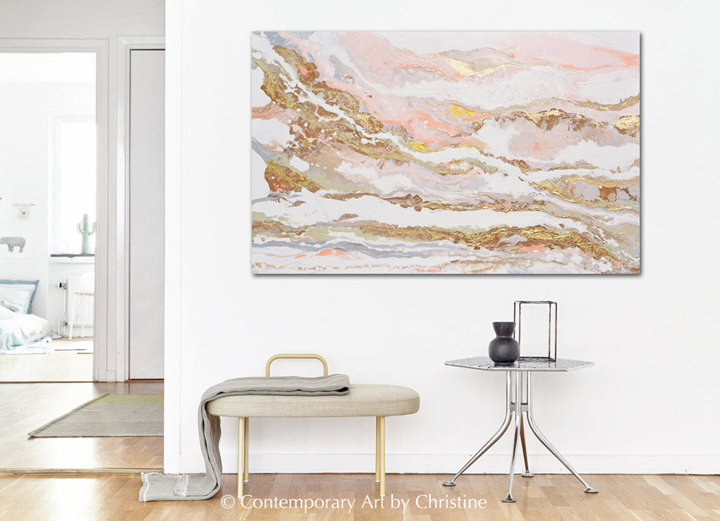 "That Rosy Glow" GICLEE PRINT Art Pink White Gold Beige Coastal Abstract Painting Marbled Coastal Wall Art