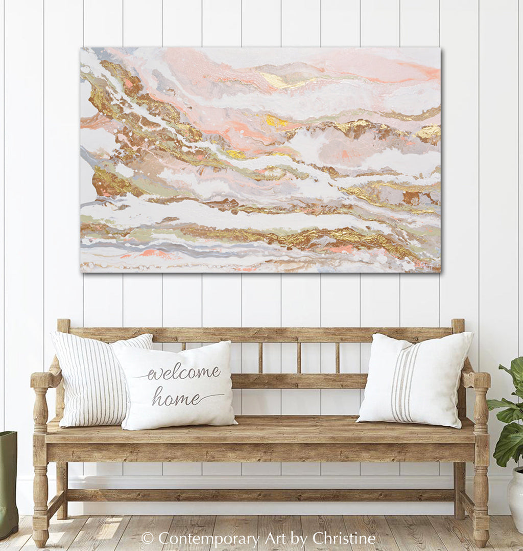 "That Rosy Glow" GICLEE PRINT Art Pink White Gold Beige Coastal Abstract Painting Marbled Coastal Wall Art
