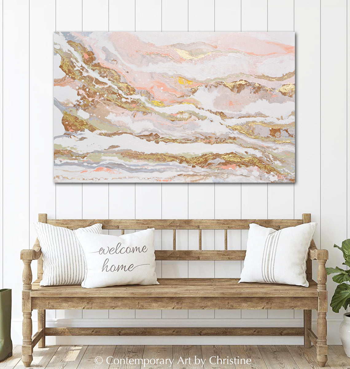 "That Rosy Glow" GICLEE PRINT Art Pink White Gold Beige Coastal Abstract Painting Marbled Coastal Wall Art
