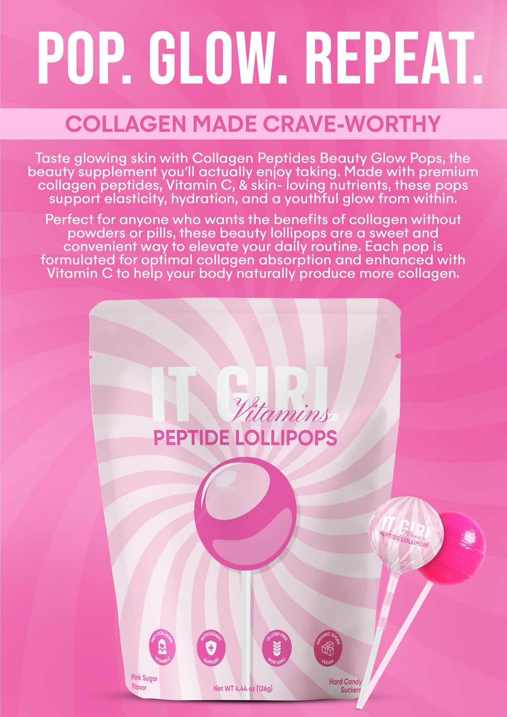 It Girl Beauty Lollipops - Collagen Peptides & Vitamin C Healthy Candy for Skin, Hair, Nails