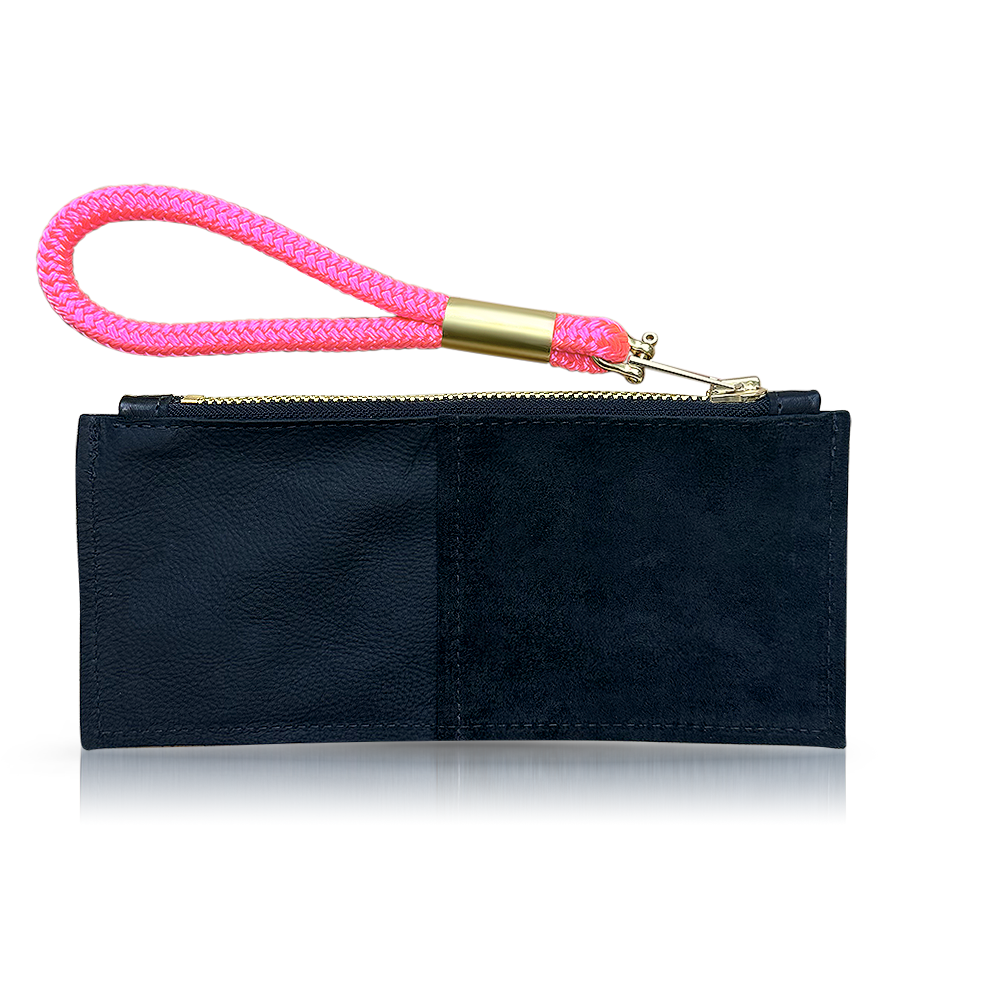 Leather Clutch + Rope Wristlet // in Black Leather Neon Pink