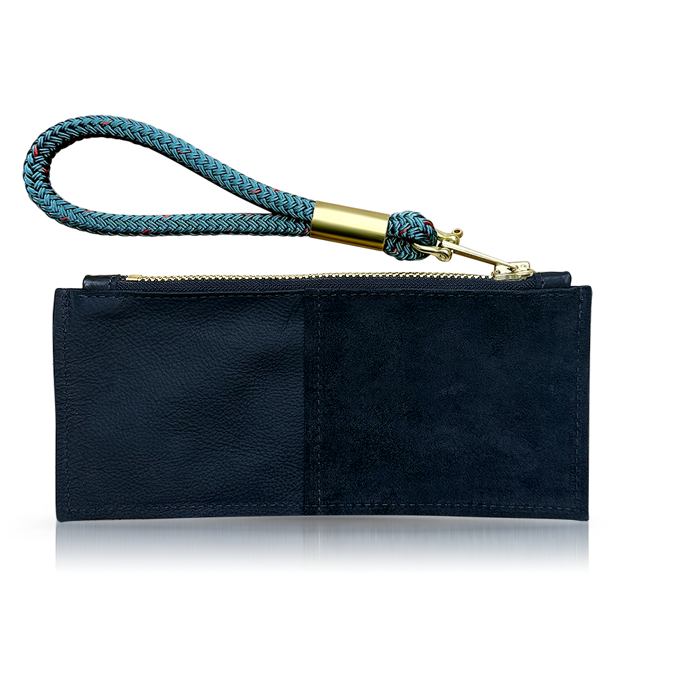 Leather Clutch + Rope Wristlet // in Black Leather Seaside Teal