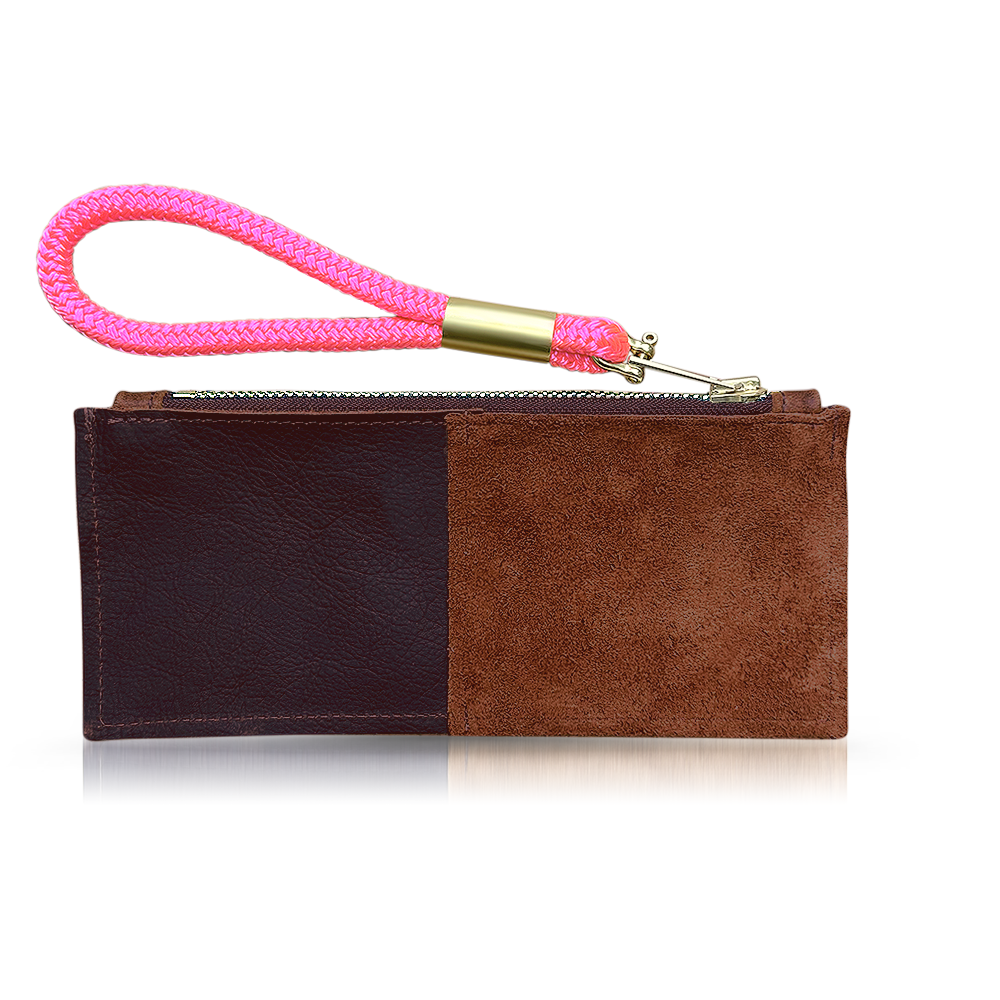 Leather Clutch + Rope Wristlet // in Brown Leather Neon Pink