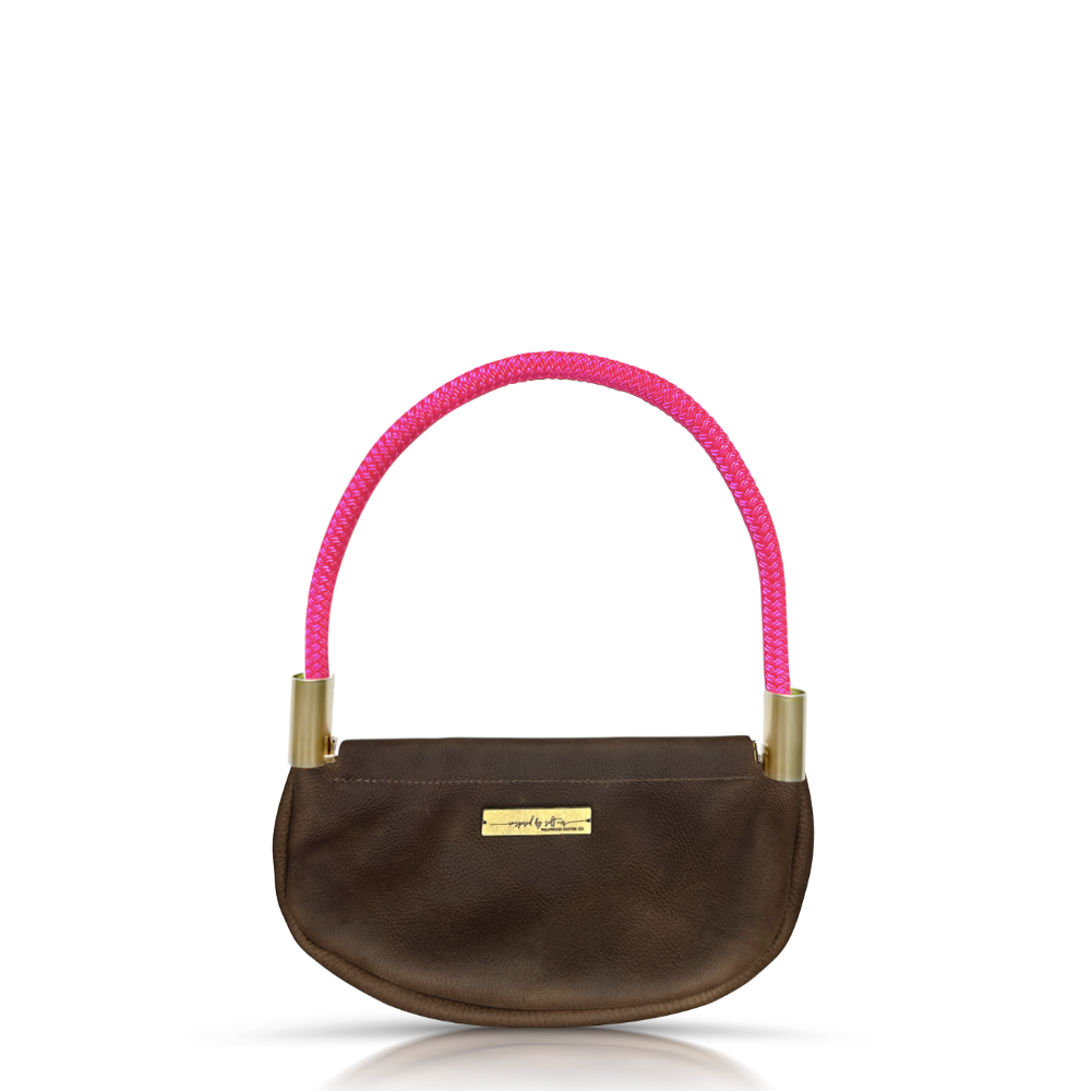 Clam Shell Bag // in Brown Leather Neon Pink Wrist (19") Handbag Only