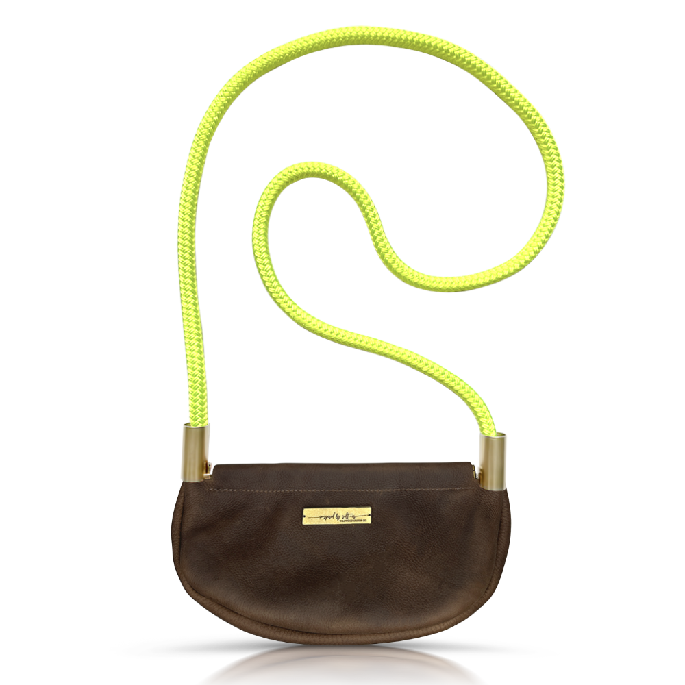 Clam Shell Bag // in Brown Leather Neon Yellow Handbag Only