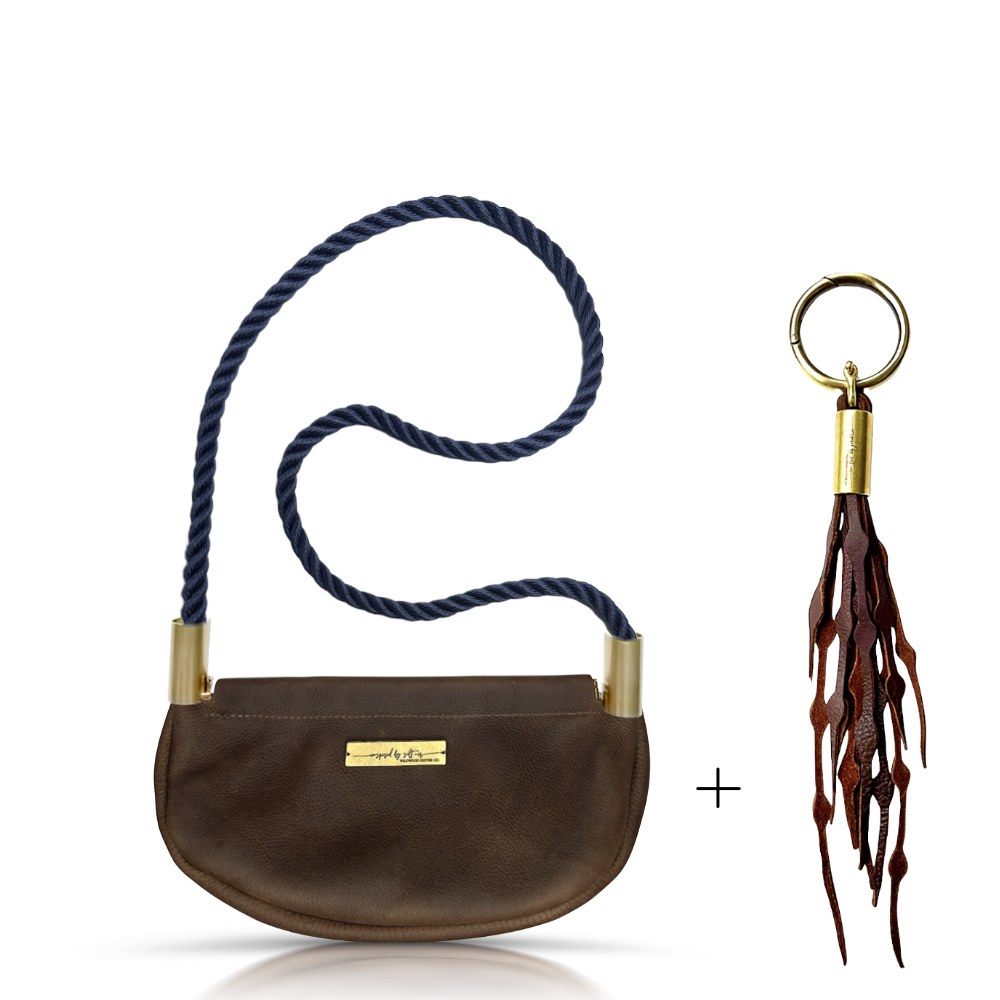 Clam Shell Bag // in Brown Leather New England Navy Shoulder (35") Add a Matching Seaweed Tassel (save $10)