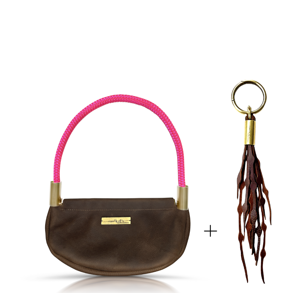 Clam Shell Bag // in Brown Leather Neon Pink Wrist (19") Add a Matching Seaweed Tassel (save $10)