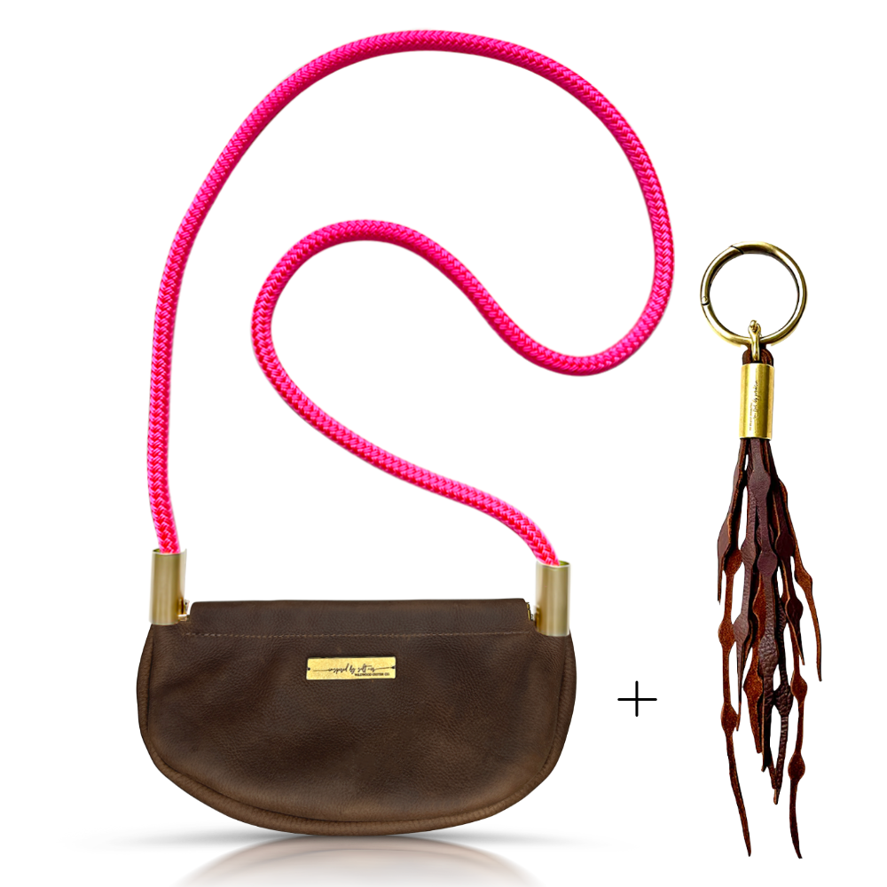 Clam Shell Bag // in Brown Leather Neon Pink Add a Matching Seaweed Tassel (save $10)