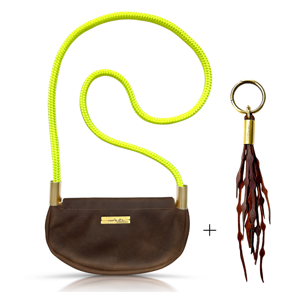 Clam Shell Bag // in Brown Leather Neon Yellow Add a Matching Seaweed Tassel (save $10)