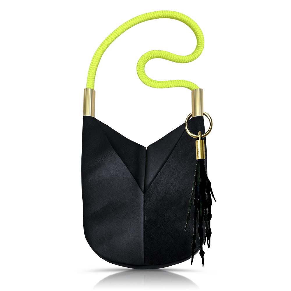 Original Wildwood Bag // Large Crossbody in Black Leather Neon Yellow Add a Matching Seaweed Tassel (save $10)