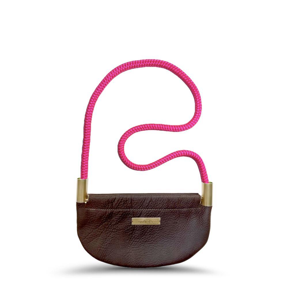 Oyster Shell Bag // in Brown Leather Neon Pink Shoulder (35") Handbag Only