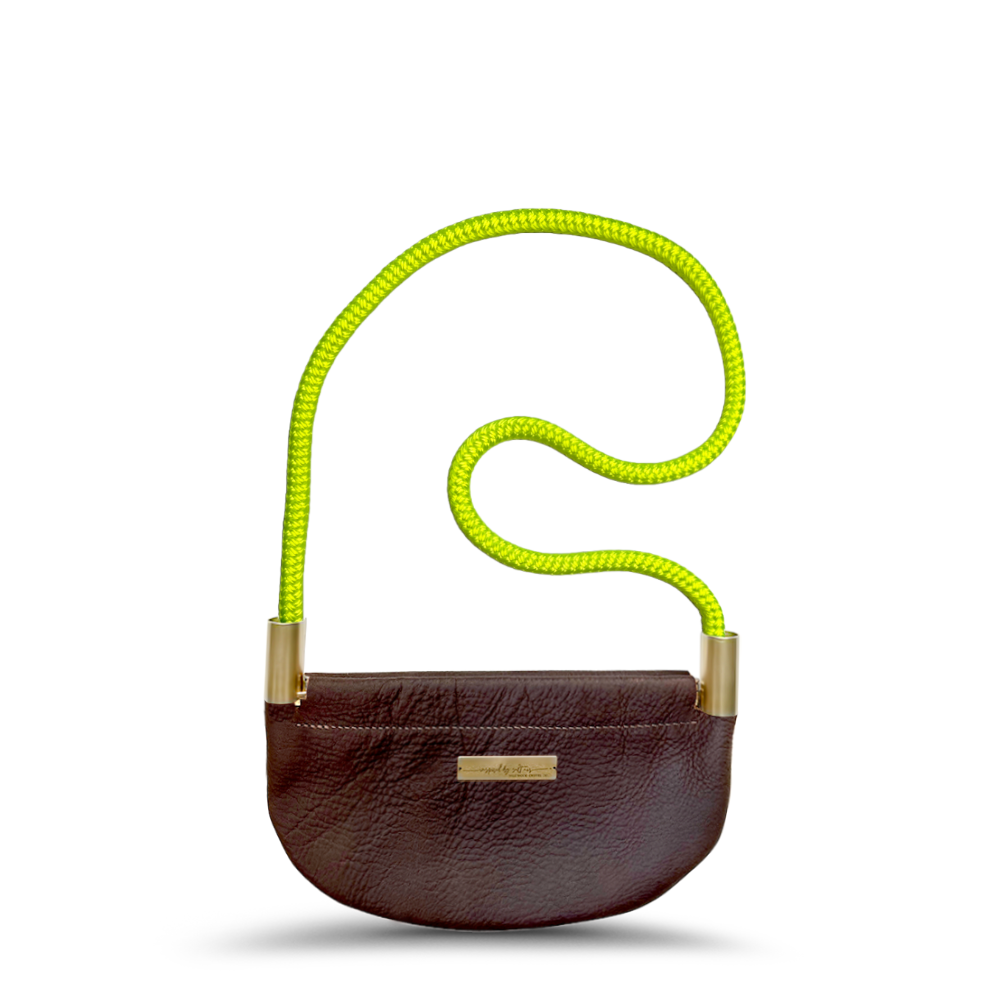 Oyster Shell Bag // in Brown Leather Neon Yellow Shoulder (35") Handbag Only