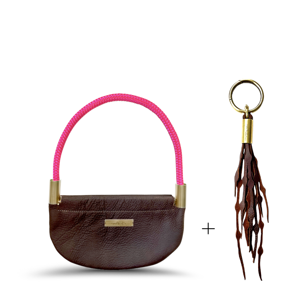 Oyster Shell Bag // in Brown Leather Neon Pink Wrist (19") Add a Matching Seaweed Tassel (save $10)