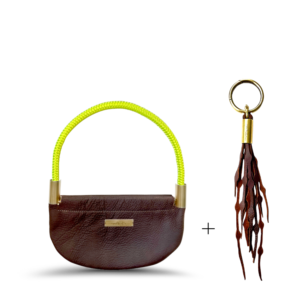 Oyster Shell Bag // in Brown Leather Neon Yellow Wrist (19") Add a Matching Seaweed Tassel (save $10)