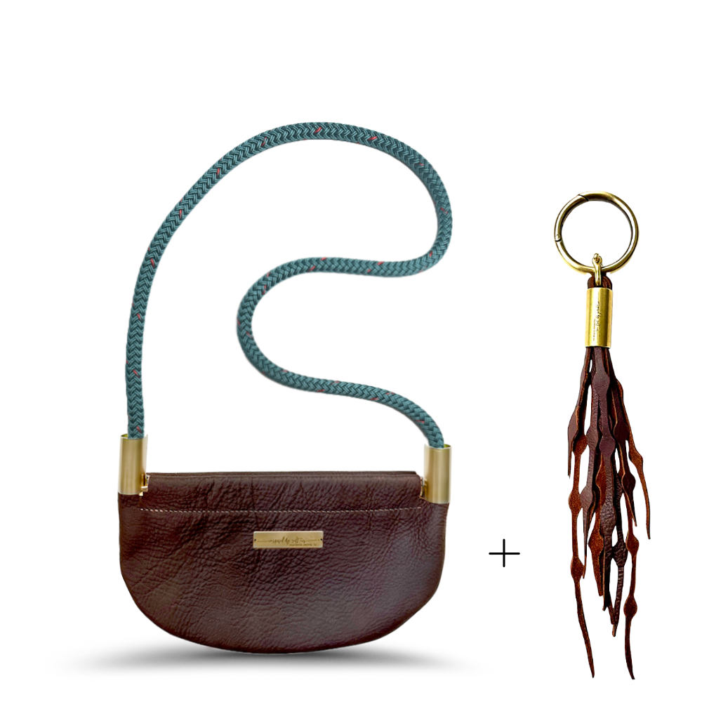 Oyster Shell Bag // in Brown Leather Seaside Teal Shoulder (35") Add a Matching Seaweed Tassel (save $10)