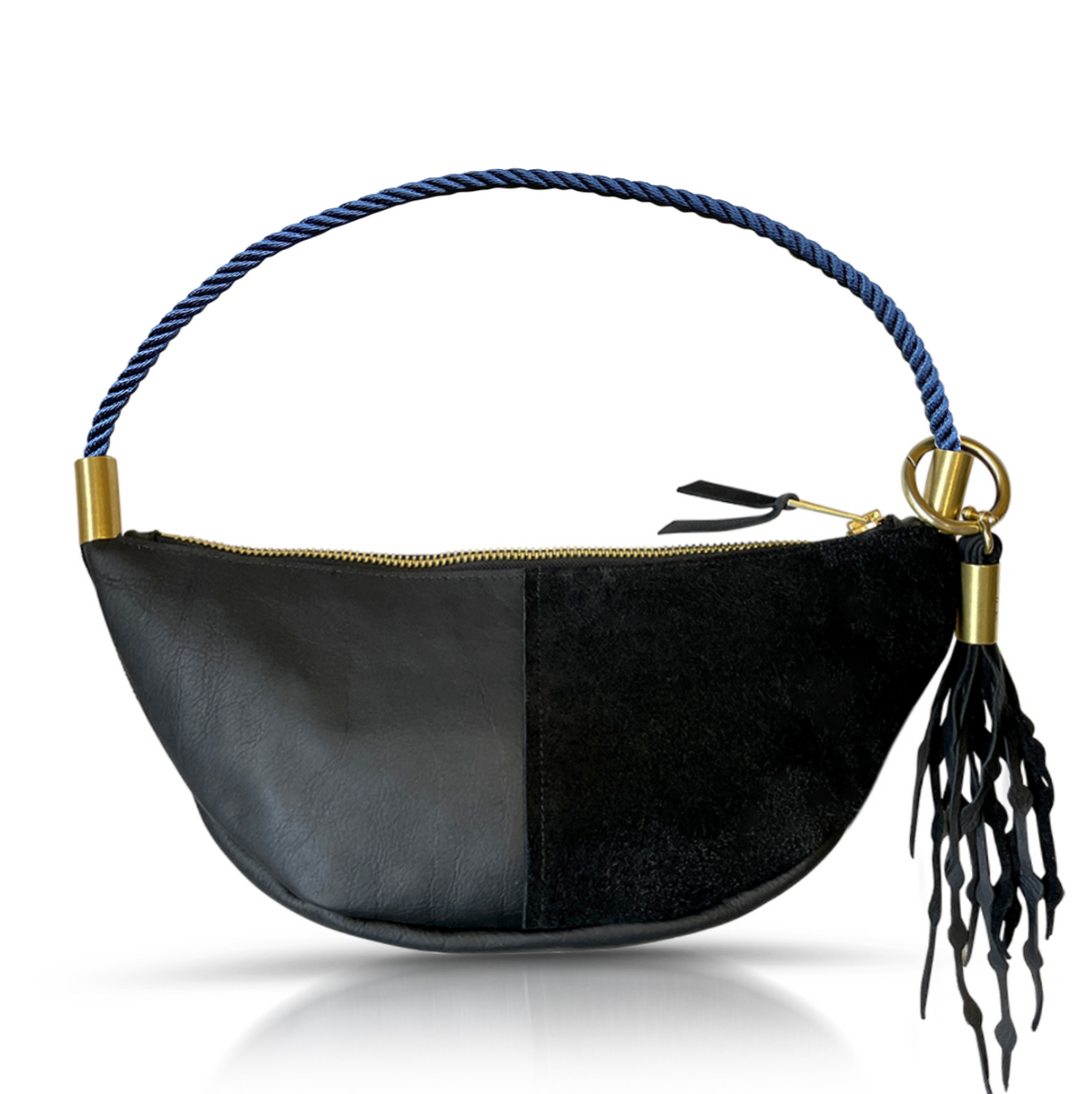 Sling Bag // in Black Leather New England Navy Short Shoulder (25”) Add a Matching Seaweed Tassel (save $10)