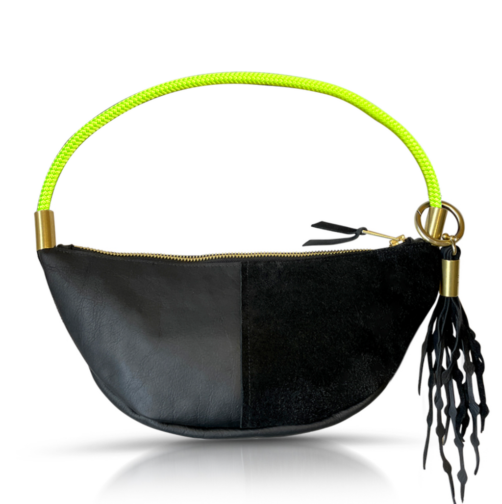 Sling Bag // in Black Leather Neon Yellow Short Shoulder (25”) Add a Matching Seaweed Tassel (save $10)