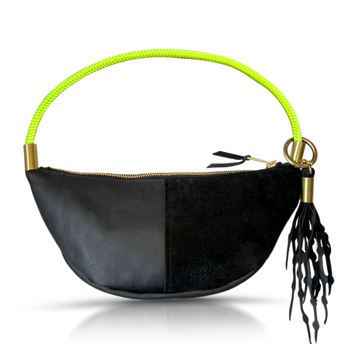 Sling Bag // in Black Leather Neon Yellow Short Shoulder (25”) Add a Matching Seaweed Tassel (save $10)