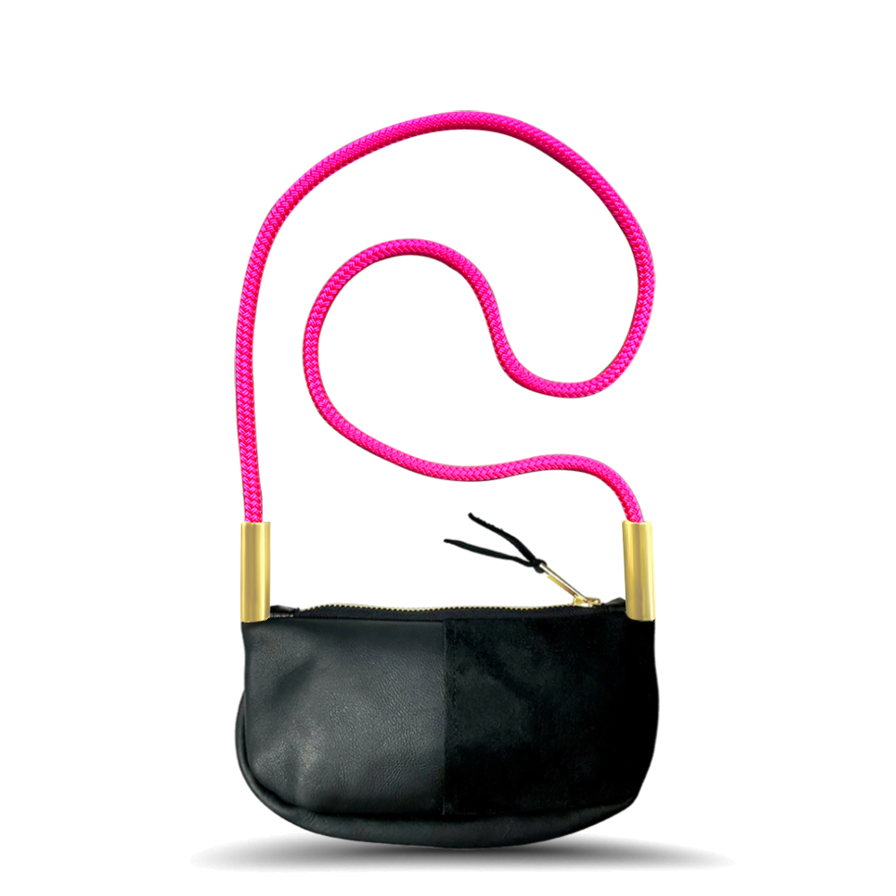 Zip Crossbody // in Black Leather Neon Pink Handbag Only