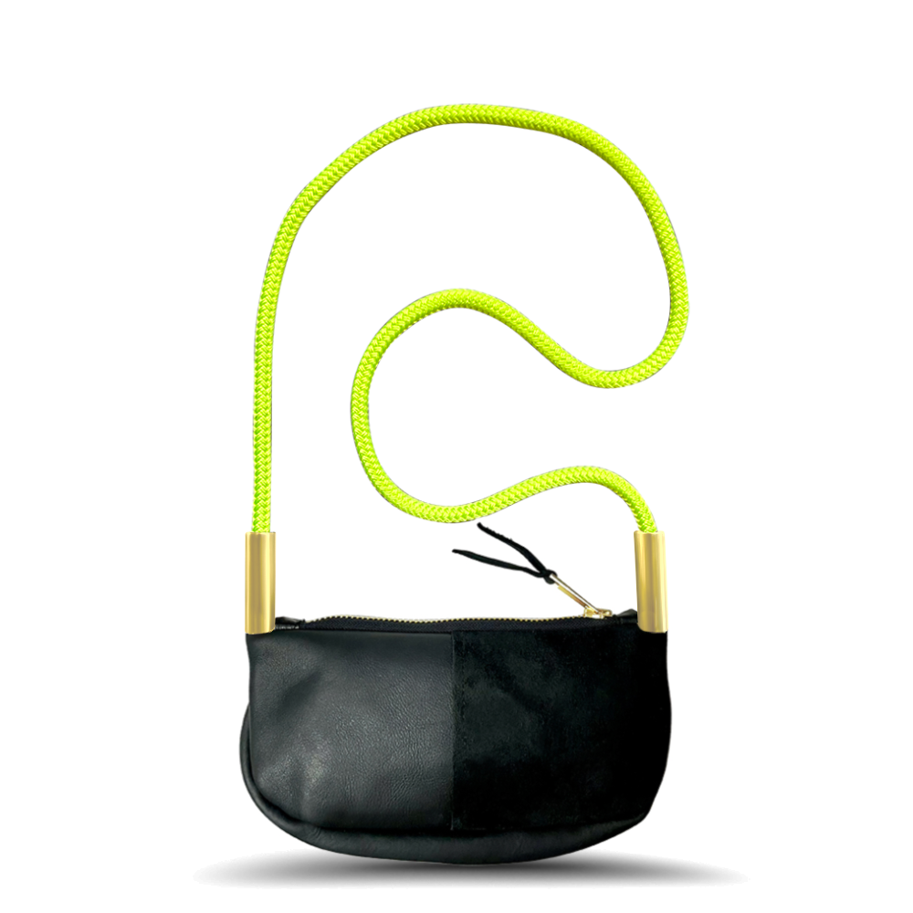 Zip Crossbody // in Black Leather Neon Yellow Handbag Only