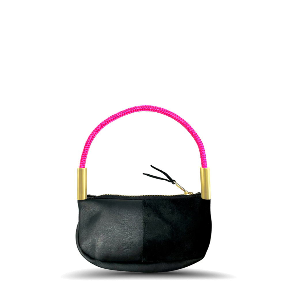 Zip Crossbody // in Black Leather Neon Pink Wrist (19") Handbag Only