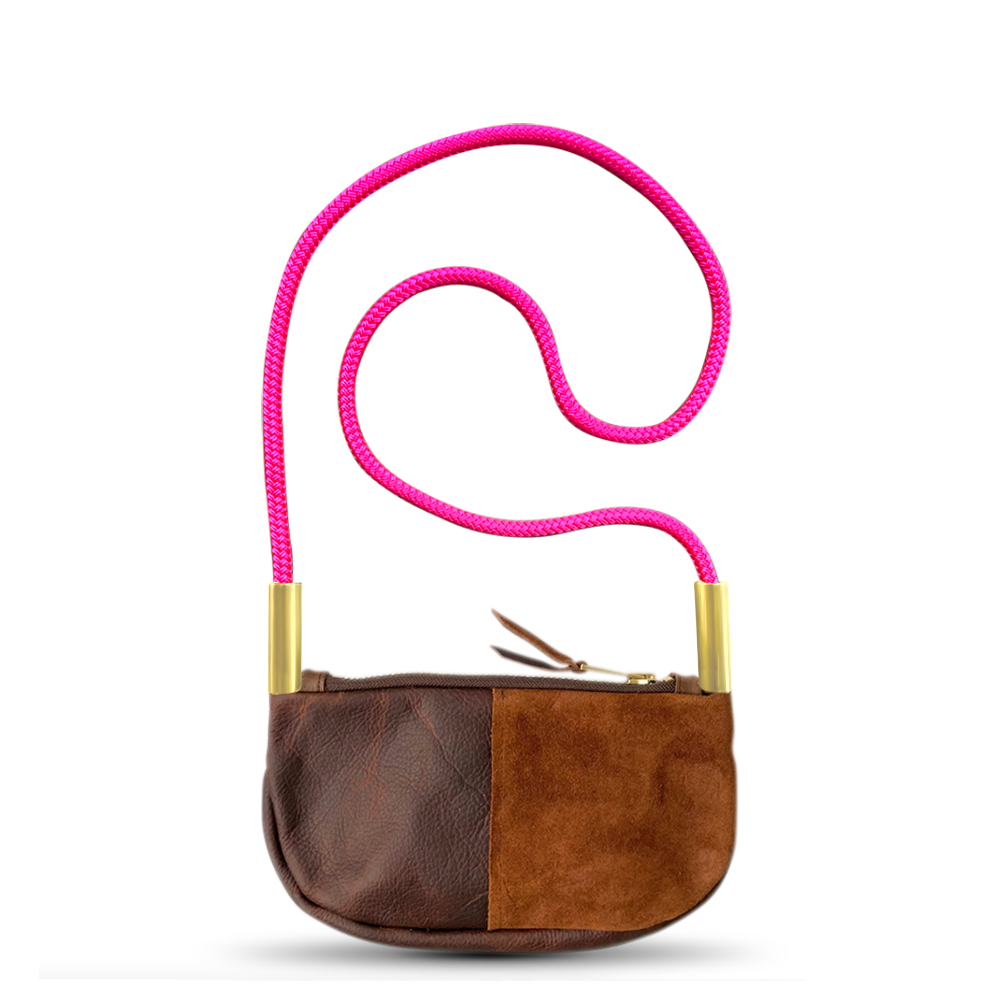 Zip Crossbody // in Brown Leather Neon Pink Handbag Only