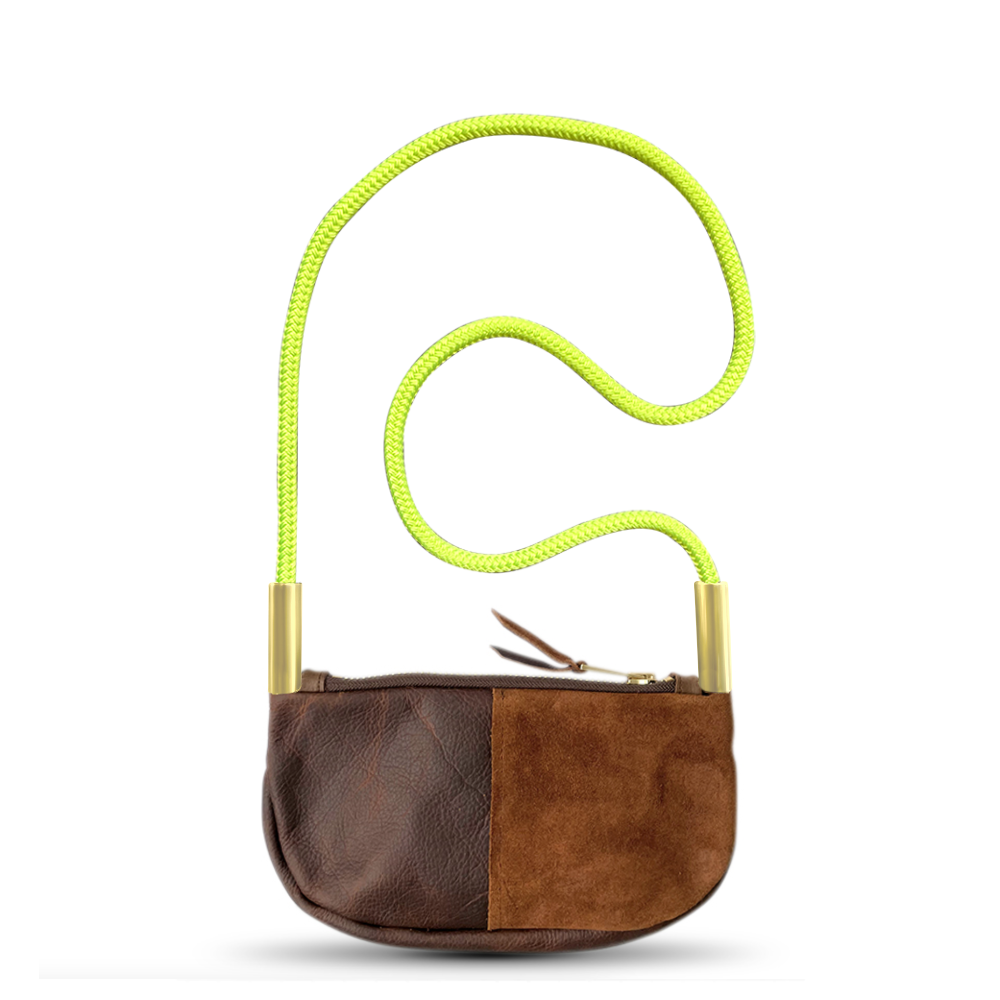 Zip Crossbody // in Brown Leather Neon Yellow Handbag Only