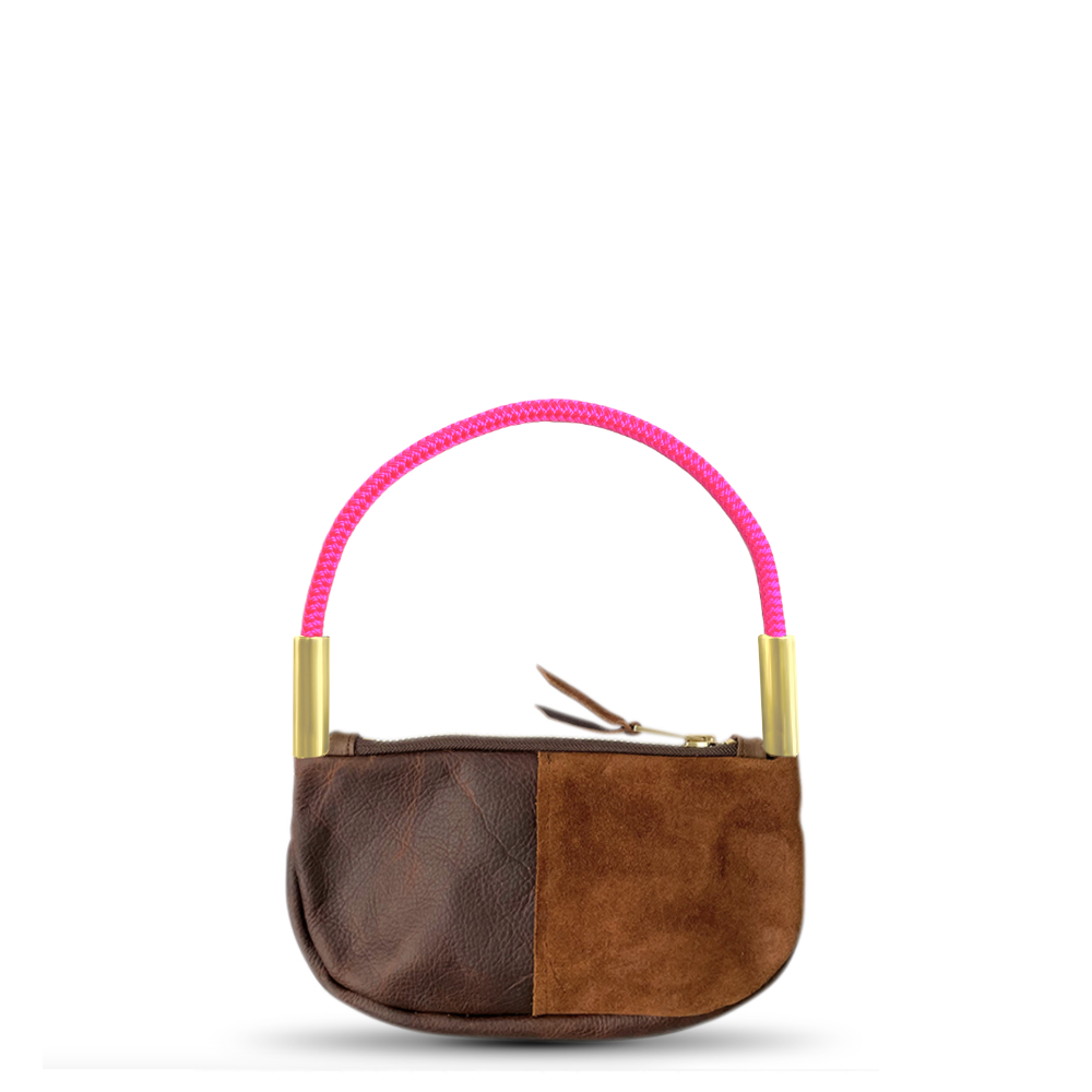 Zip Crossbody // in Brown Leather Neon Pink Wrist (19") Handbag Only