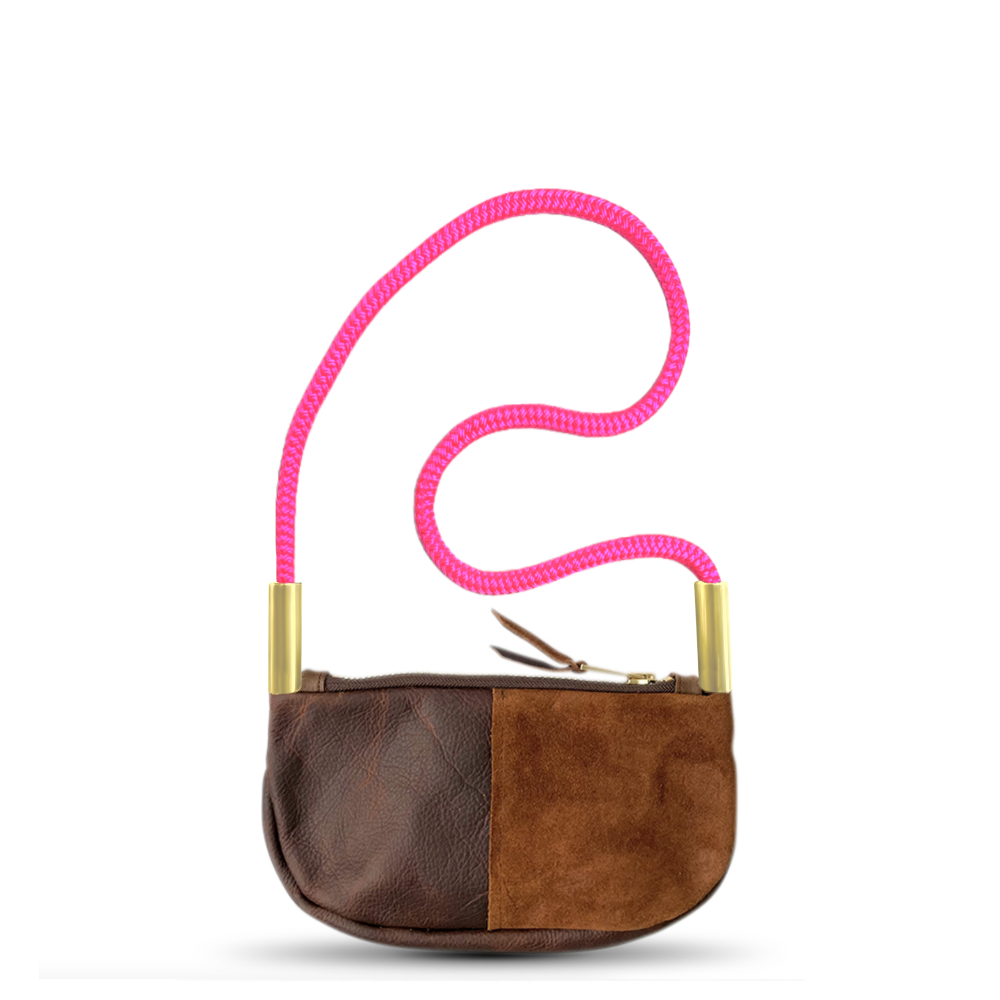 Zip Crossbody // in Brown Leather Neon Pink Shoulder (35") Handbag Only