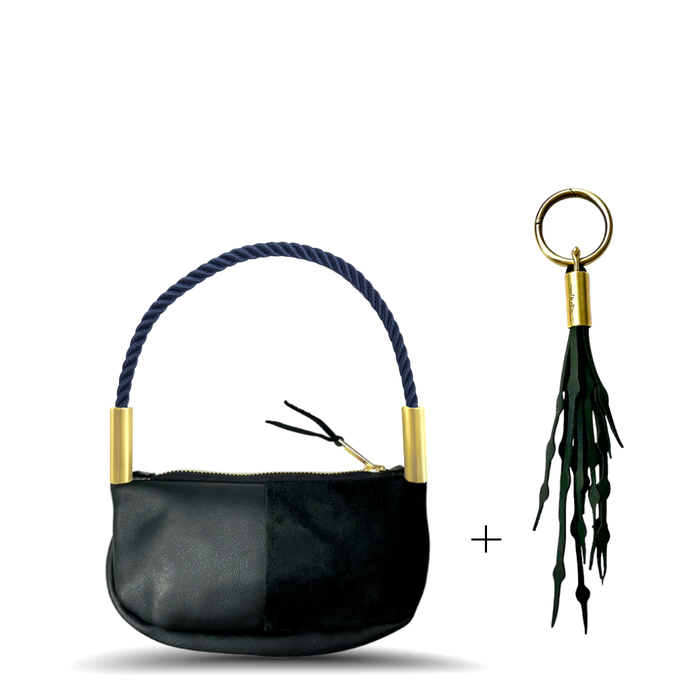 Zip Crossbody // in Black Leather New England Navy Wrist (19") Add a Matching Seaweed Tassel (save $10)