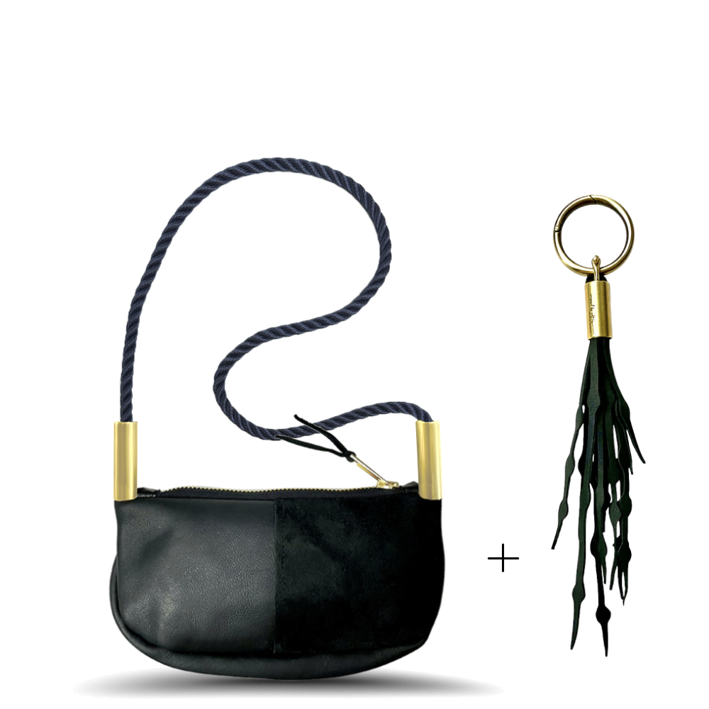 Zip Crossbody // in Black Leather New England Navy Shoulder (35") Add a Matching Seaweed Tassel (save $10)