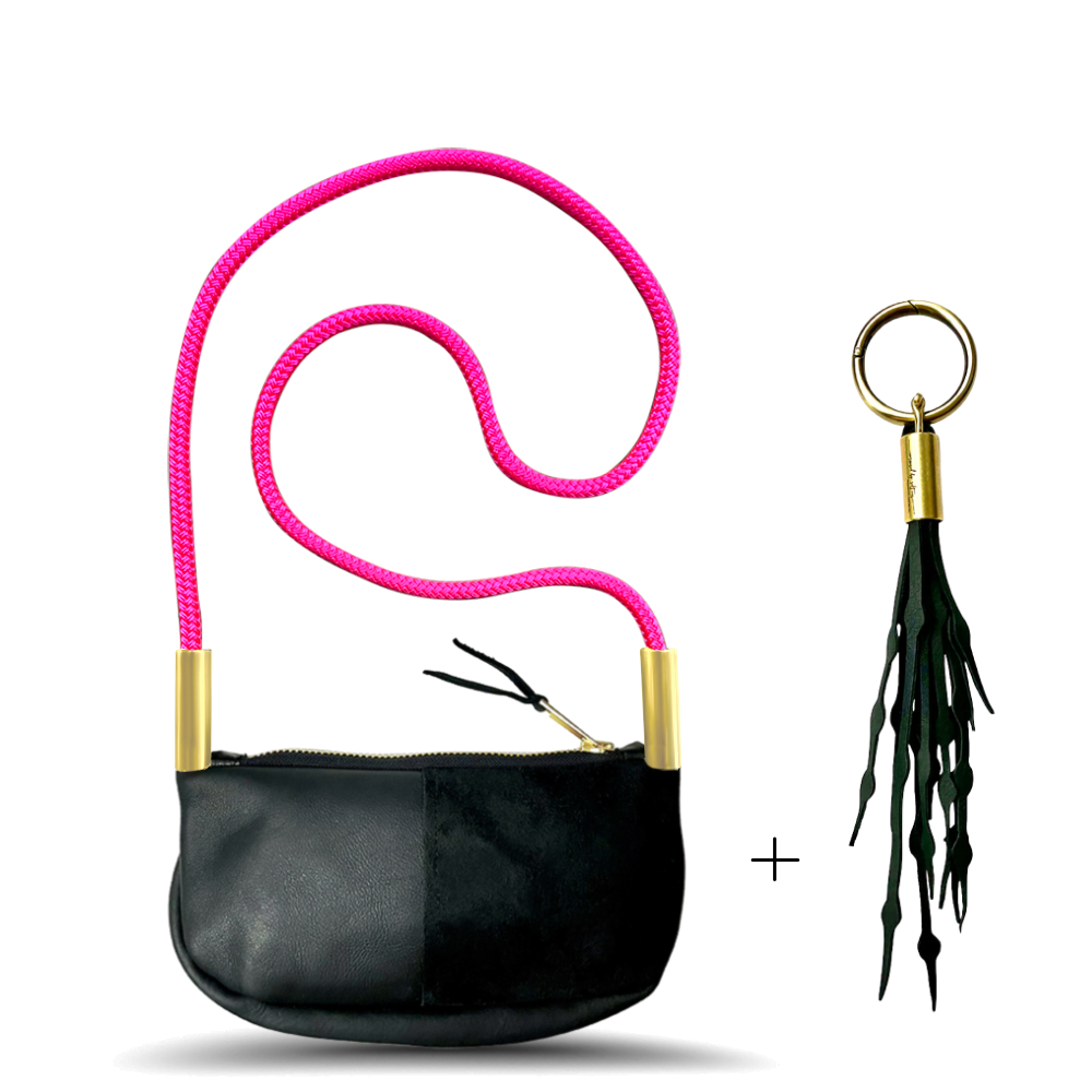 Zip Crossbody // in Black Leather Neon Pink Add a Matching Seaweed Tassel (save $10)