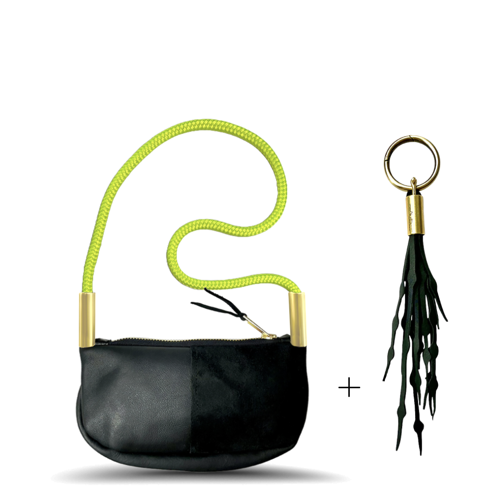 Zip Crossbody // in Black Leather Neon Yellow Shoulder (35") Add a Matching Seaweed Tassel (save $10)