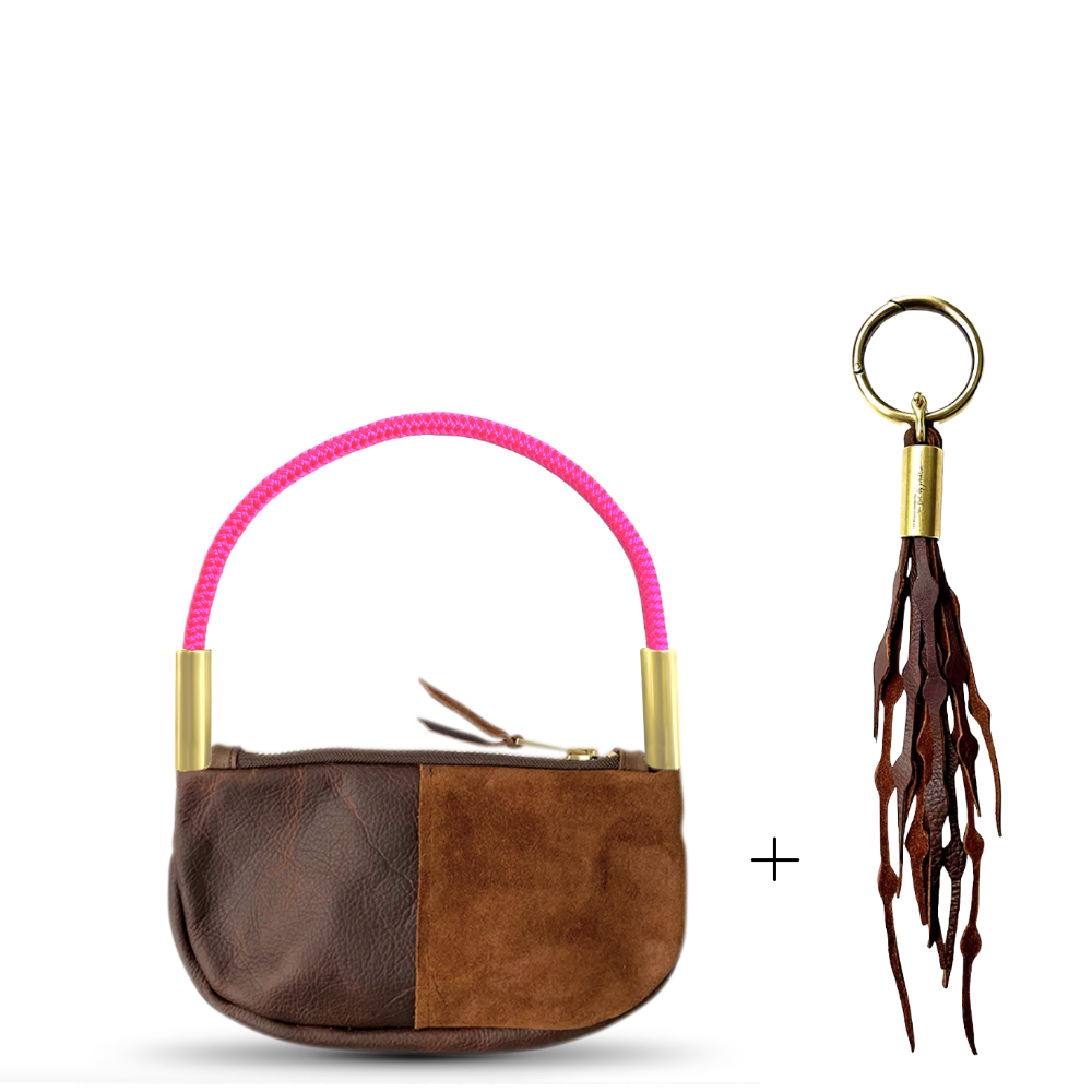 Zip Crossbody // in Brown Leather Neon Pink Wrist (19") Add a Matching Seaweed Tassel (save $10)