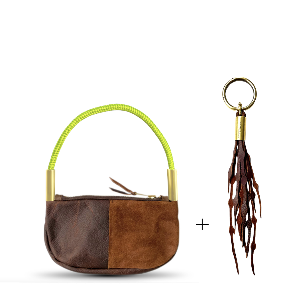 Zip Crossbody // in Brown Leather Neon Yellow Wrist (19") Add a Matching Seaweed Tassel (save $10)