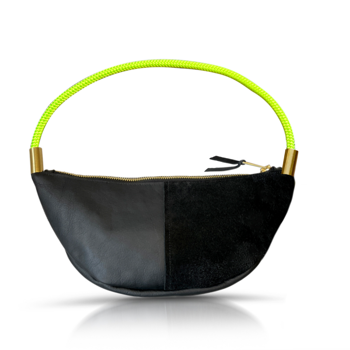Sling Bag // in Black Leather Neon Yellow Short Shoulder (25”) Handbag Only