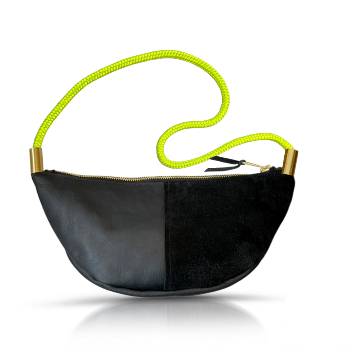 Sling Bag // in Black Leather Neon Yellow Long Shoulder (35”) Handbag Only