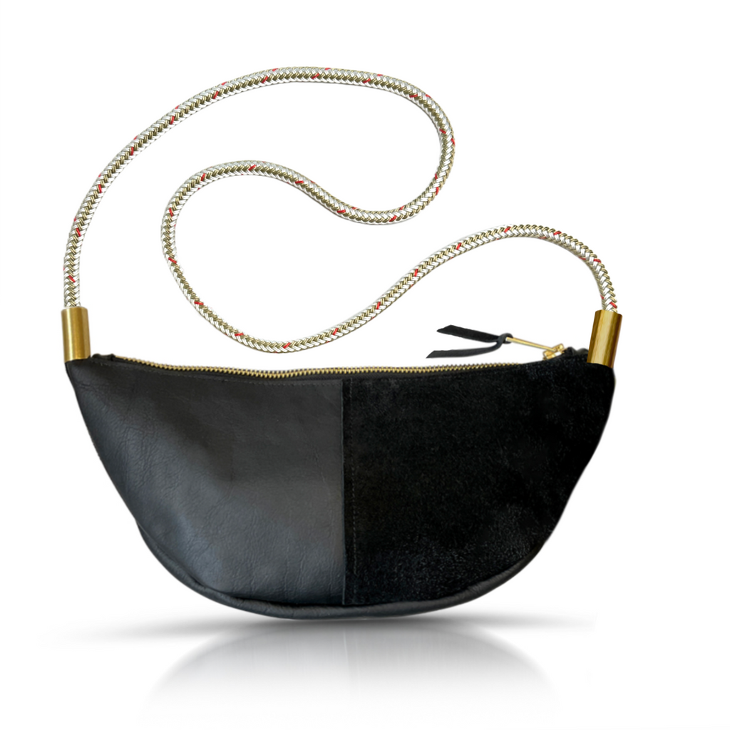 Sling Bag // in Black Leather Oyster Shell Gold Custom Length Handbag Only
