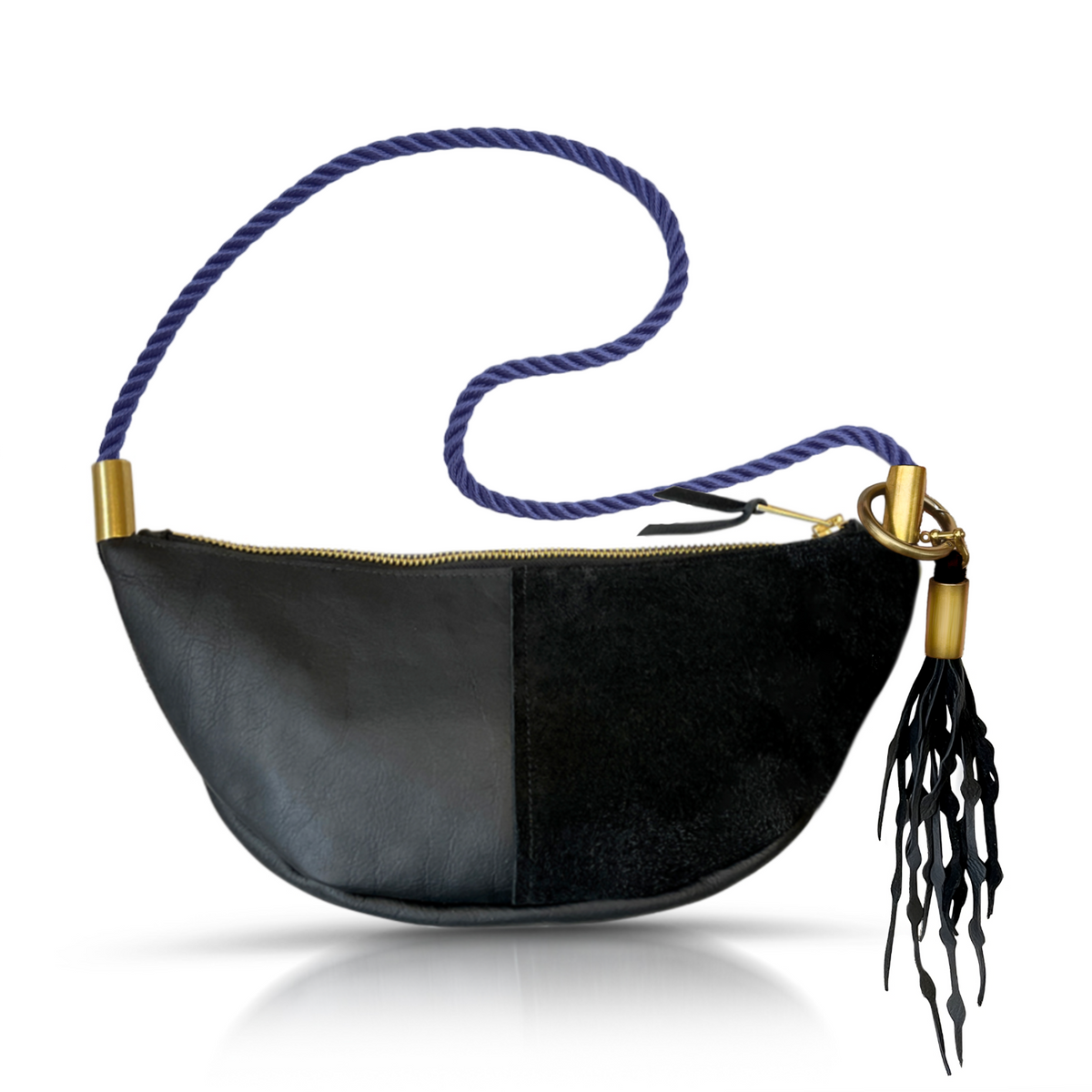Sling Bag // in Black Leather New England Navy Long Shoulder (35”) Add a Matching Seaweed Tassel (save $10)
