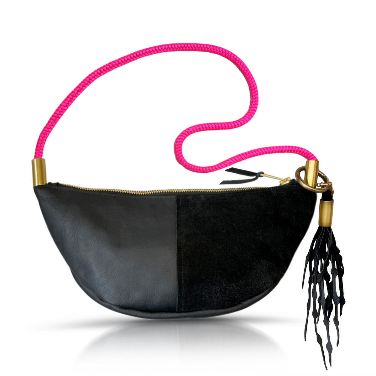 Sling Bag // in Black Leather Neon Pink Long Shoulder (35”) Add a Matching Seaweed Tassel (save $10)