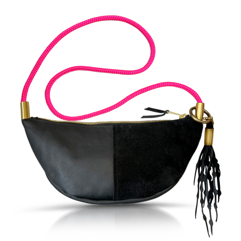 Sling Bag // in Black Leather Neon Pink Custom Length Add a Matching Seaweed Tassel (save $10)