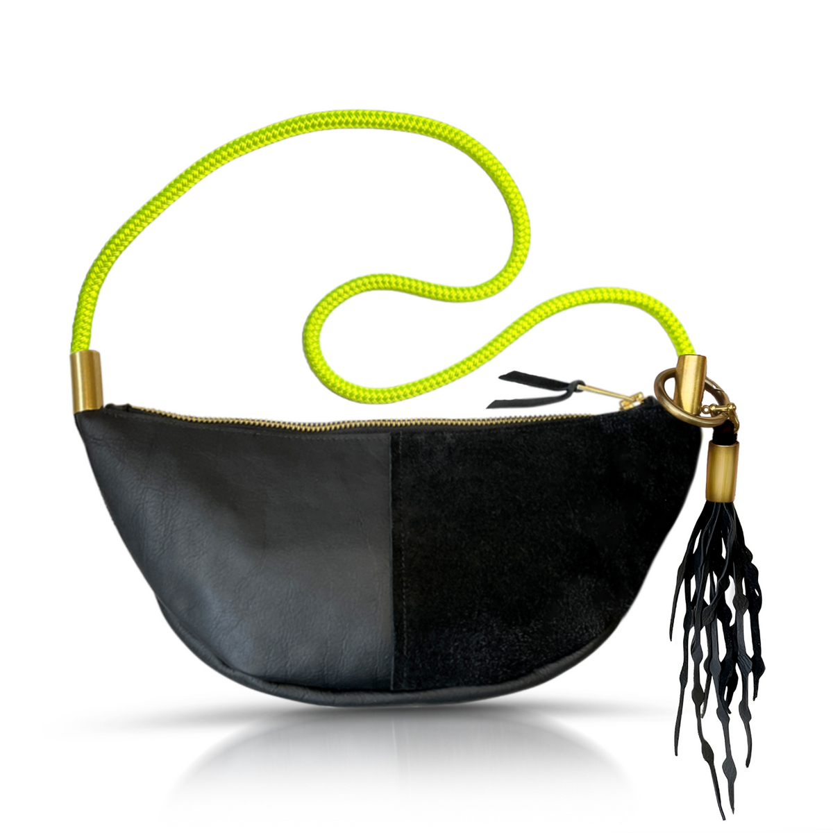 Sling Bag // in Black Leather Neon Yellow Short Crossbody (40”) Add a Matching Seaweed Tassel (save $10)